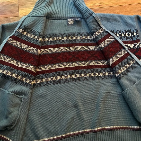 Vintage John Blair Nordic Fair Isle Zip Sweater Jacket Blue Red Geometric XLG - Picture 7 of 12